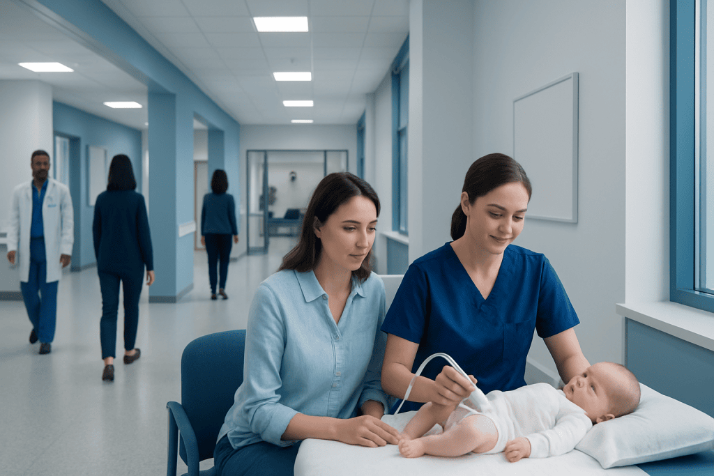 Newborn Hip Ultrasound: Preparation, Procedure and Results 1 Pediatric ultrasound examination in a hospital corridor with medical staff and a baby.