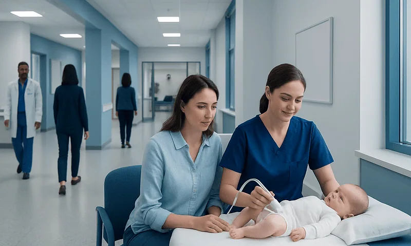 Pediatric ultrasound examination in a hospital corridor with medical staff and a baby.