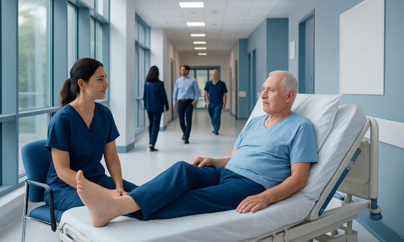 Hip Replacement Blood Clot Not Putting Legs Up: Procedure, Recovery and Results 6 Patient in hospital bed talking to nurse in a hospital corridor.