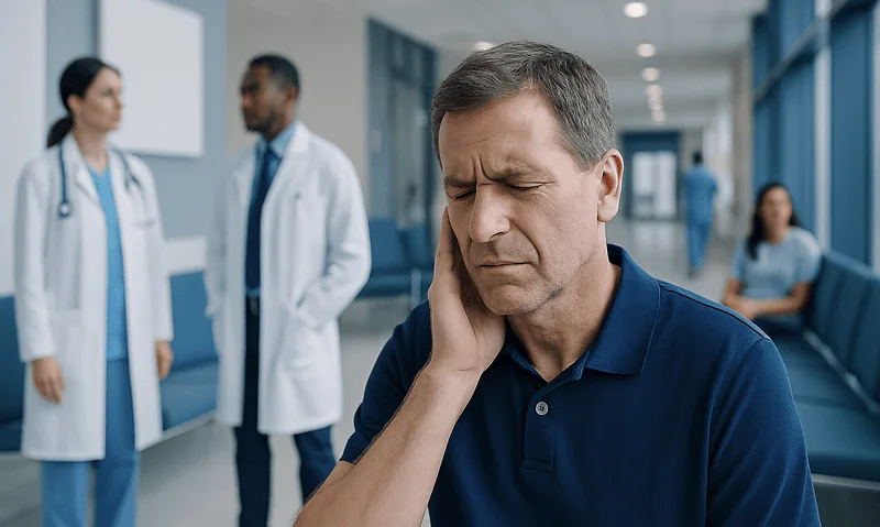 Man experiencing muffled hearing in a hospital corridor.