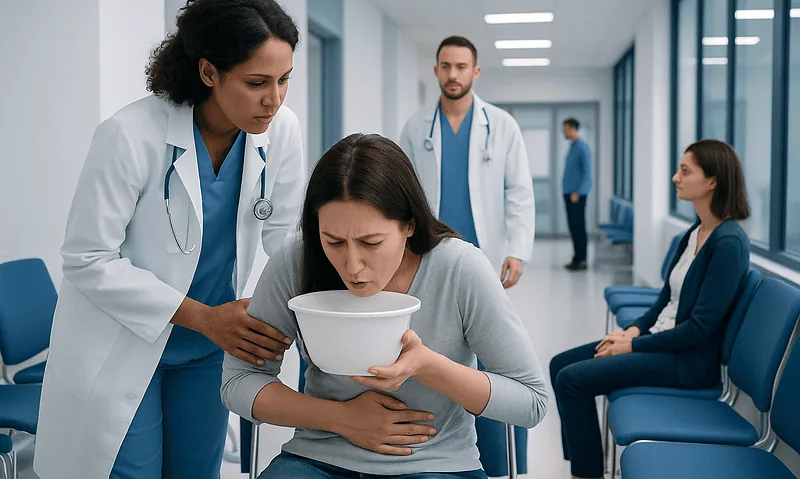 Patient experiencing severe nausea in hospital corridor with medical staff assistance.