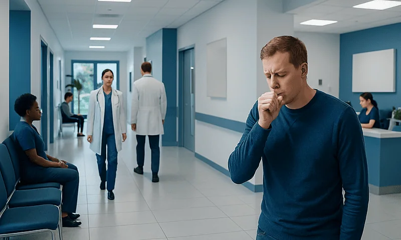 Man coughing in hospital corridor with medical staff and patients nearby.