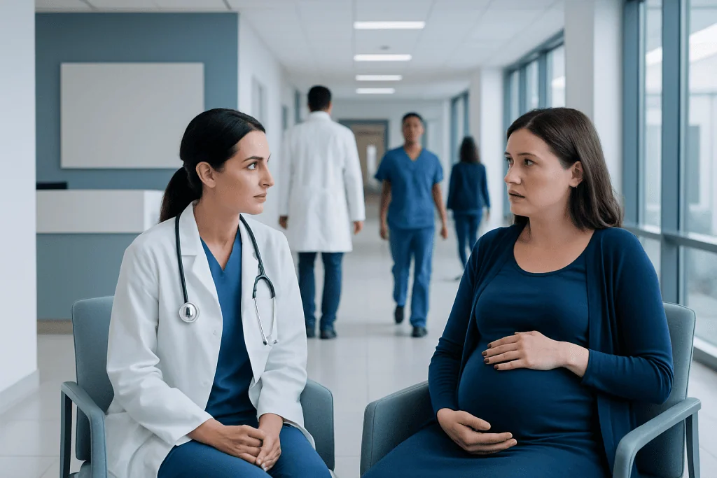 Pneumonia While Pregnant: A Complete Clinical Guide for Patients 1 Pregnant woman consulting with a doctor in hospital corridor.