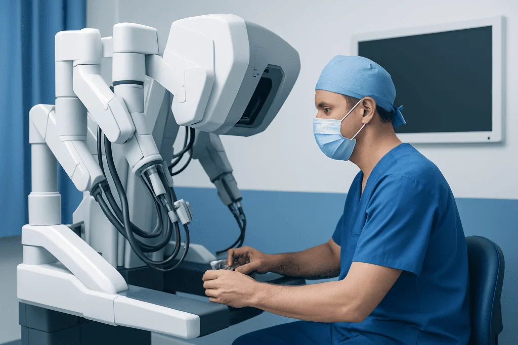 Surgeon operating advanced robotic surgical equipment in hospital.