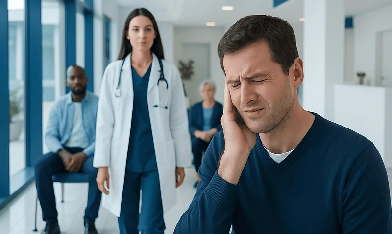 Man experiencing ear pain in a hospital waiting area with medical staff nearby.