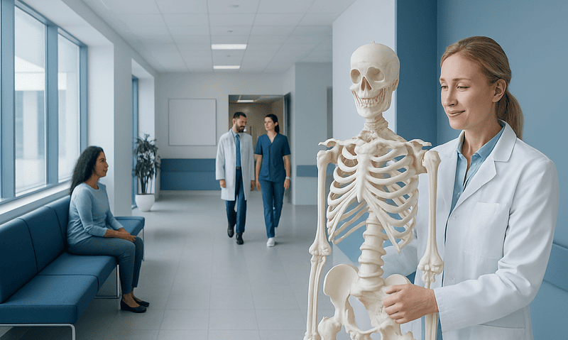 Skeletal System Cool Facts: What Patients Need to Know 6 Medical professional with skeleton model in hospital corridor.