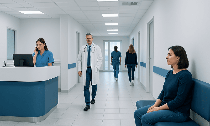 Healthcare professionals and patients in a modern hospital corridor.