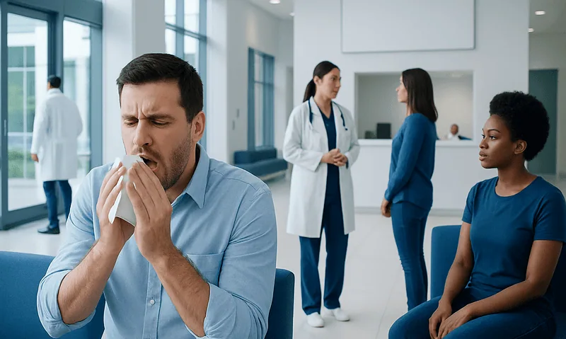 Man sneezing into tissue in hospital waiting area.