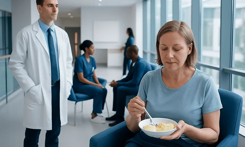 Patient eating soft food after surgery in a hospital setting.