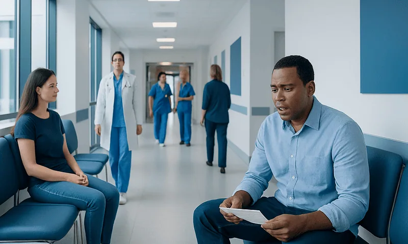 Patient waiting in hospital corridor with medical staff in background.