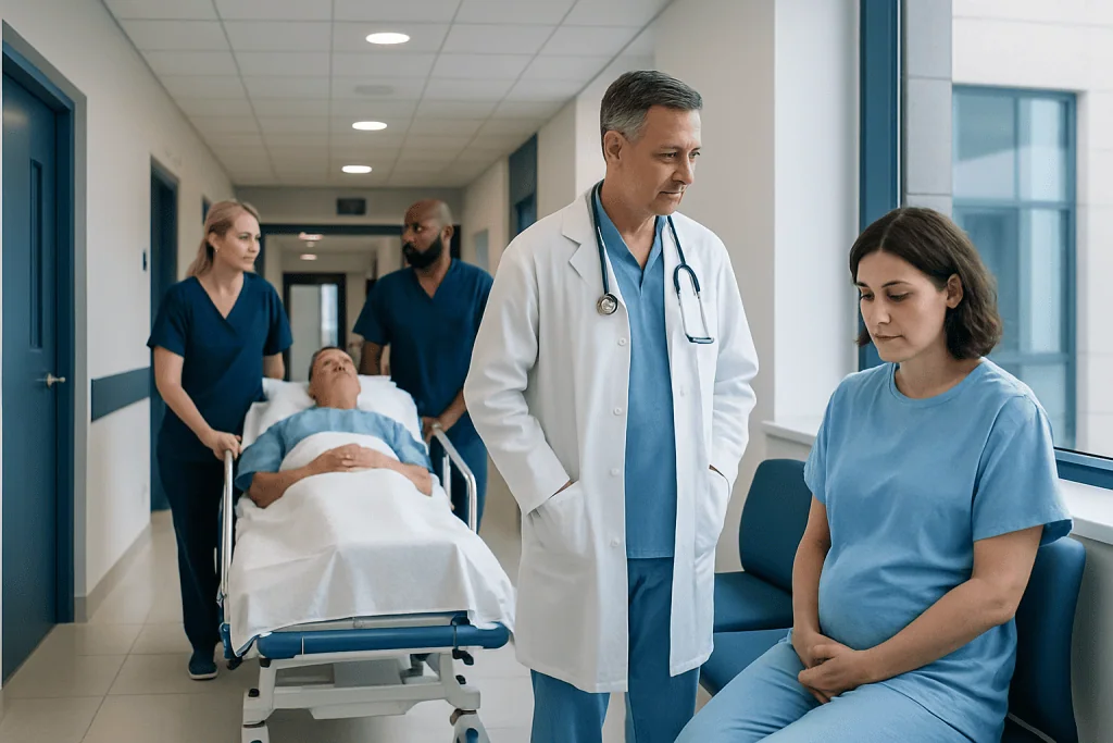 After Surgery Can'T Pee: Procedure, Recovery and Results 1 Medical team consulting patient in hospital corridor after surgery.