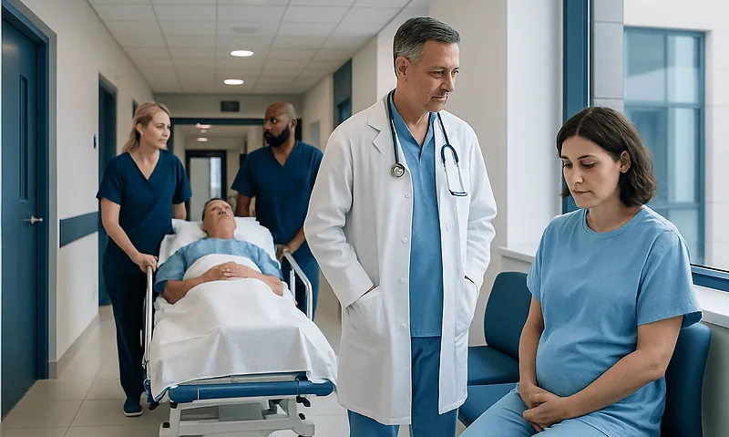 Medical team consulting patient in hospital corridor after surgery.