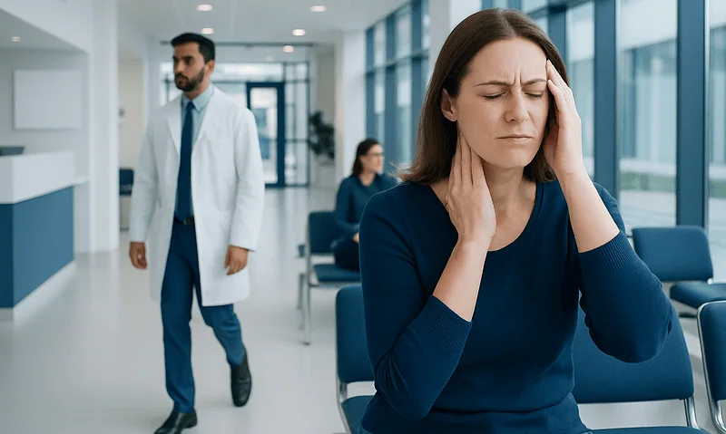 Woman with headache in hospital waiting area with doctor and patient in background.