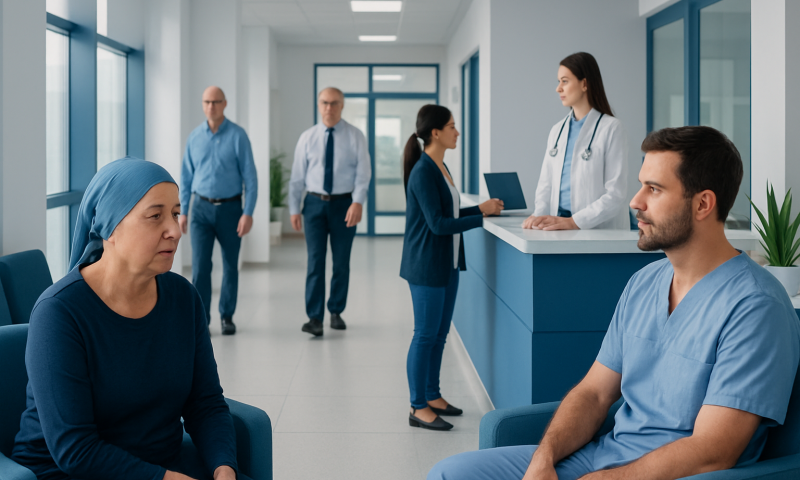 Medical consultation in hospital with patients and healthcare professionals.