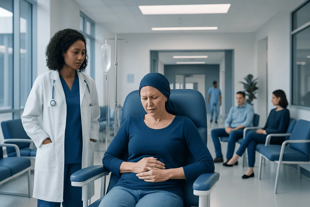 Stomach Cramps Chemotherapy: How It Works, Results and What to Expect 1 Patient experiencing stomach cramps during chemotherapy treatment.