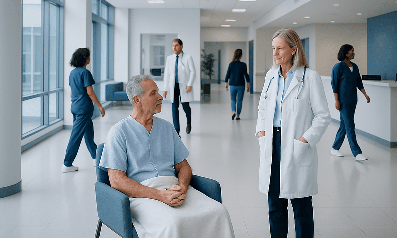 Patient and doctor having a conversation in a modern hospital corridor.