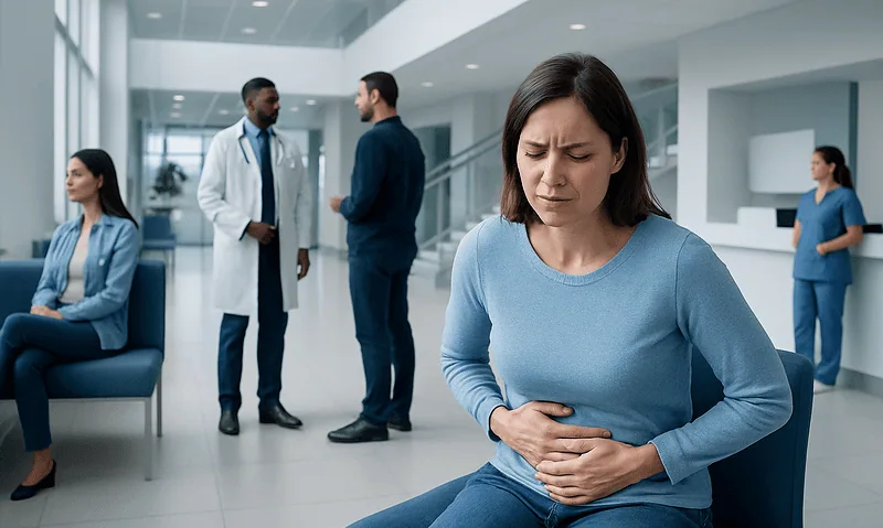 Woman with stomach pain in hospital waiting area with medical staff nearby.