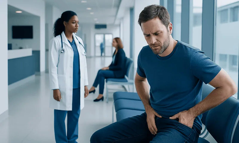 Man experiencing lower back and testicle pain in hospital corridor.