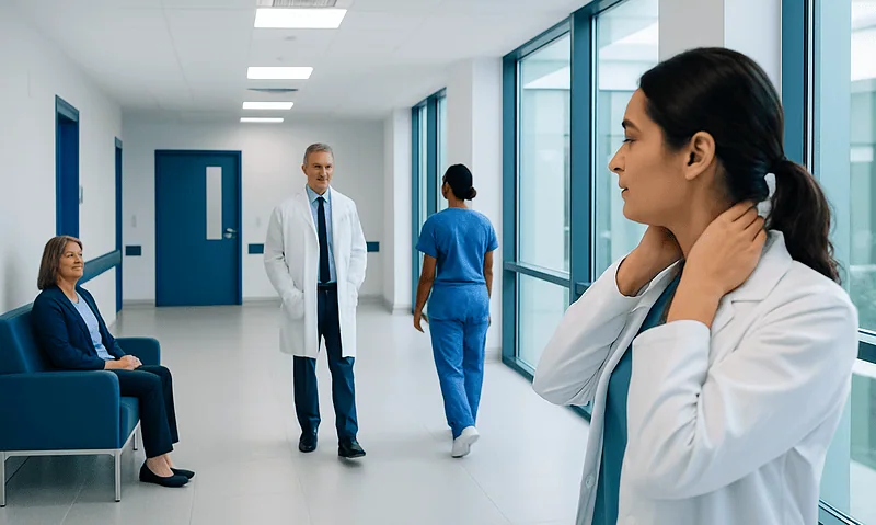 Medical professionals and patients in a modern hospital corridor.