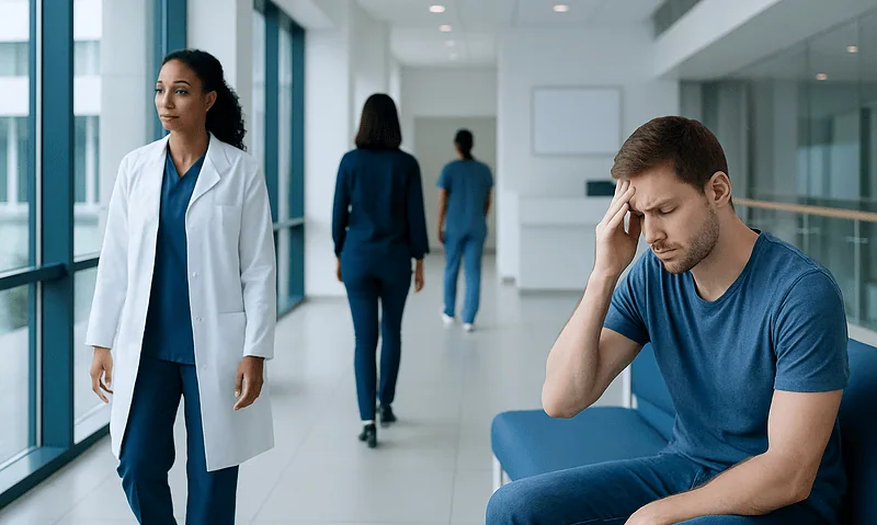 Patient experiencing headache in hospital corridor with medical staff nearby.