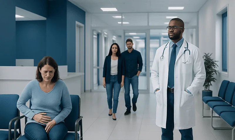 Woman with abdominal pain in hospital corridor with doctor and visitors.