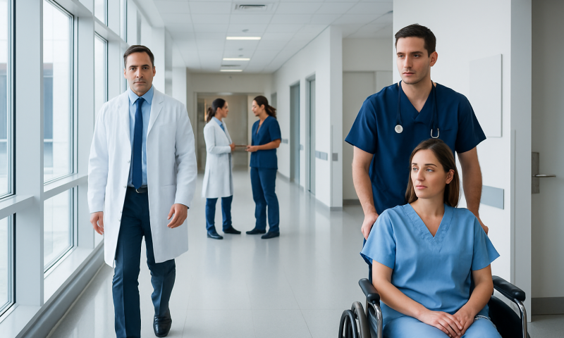 Healthcare professionals and a patient in a hospital corridor at Acibadem Hospitals Group.