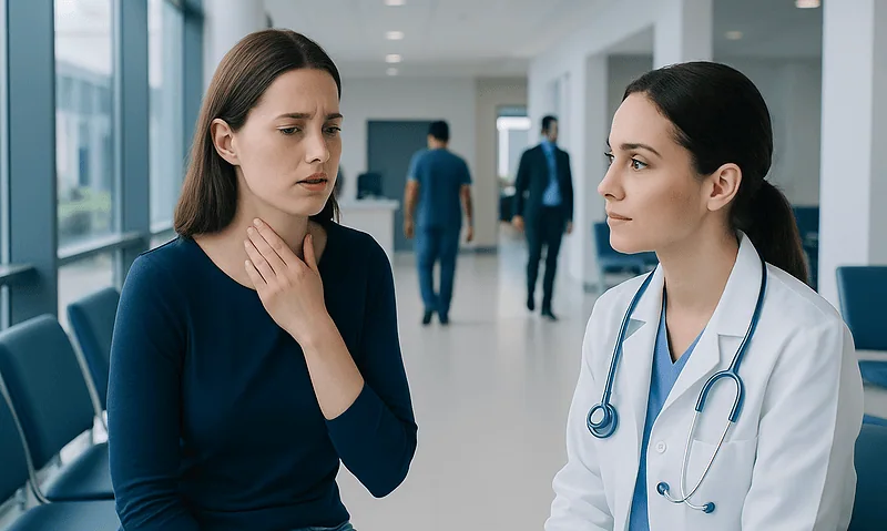 Woman with throat discomfort consulting a doctor in hospital.
