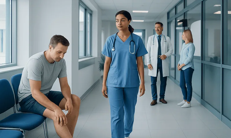 What Causes Itchy Legs Below the Knee? Causes, Explanations, and Next Steps 9 Patient waiting in hospital corridor with medical staff nearby.
