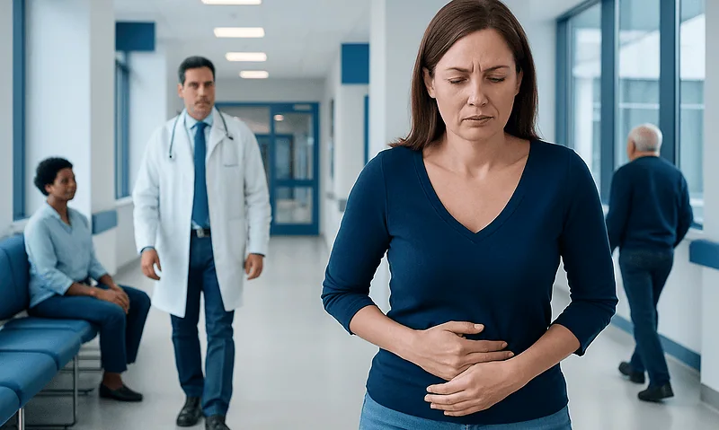 Woman with stomach pain in hospital corridor with medical staff and patients.