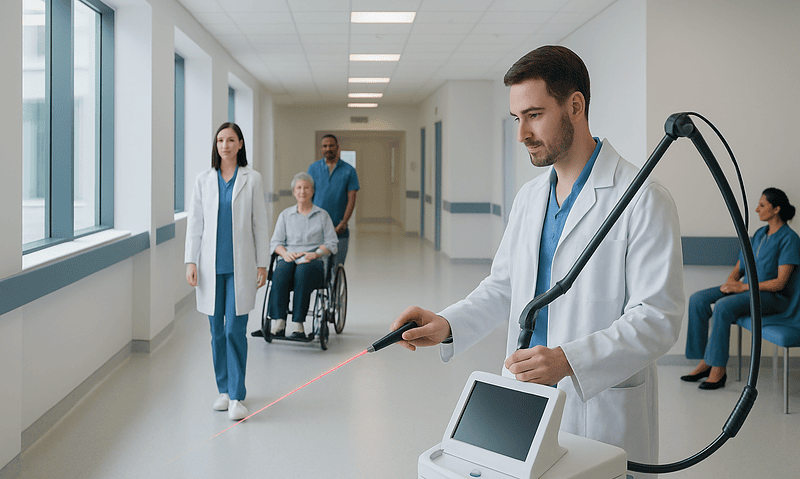 Doctor using laser device in hospital corridor with patients and staff.