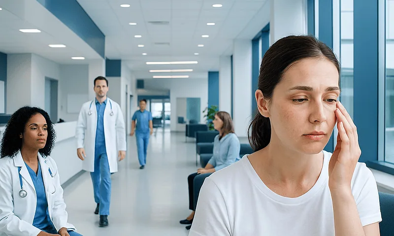 Woman with dry skin under eyes in hospital corridor.