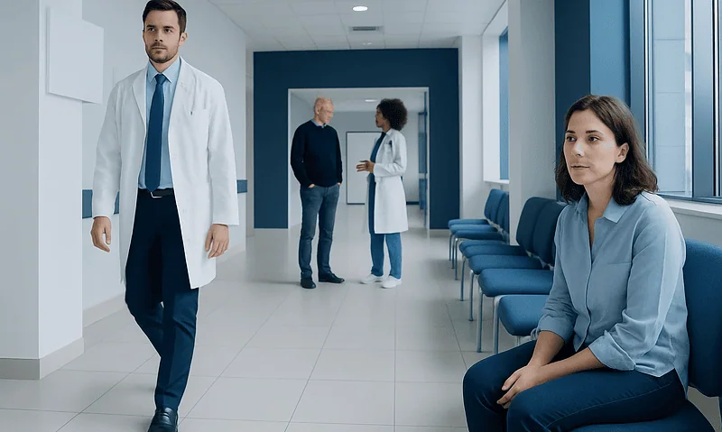 Medical professionals and patient in a hospital corridor at Acibadem Hospitals Group.