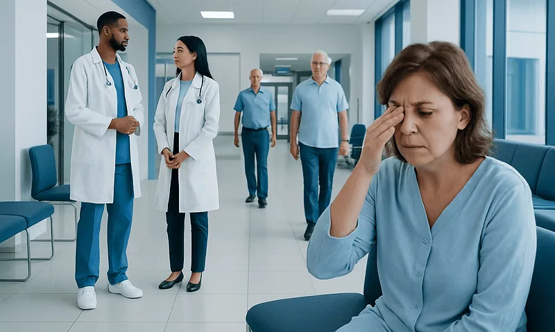 Patient experiencing headache in hospital corridor with medical staff nearby.