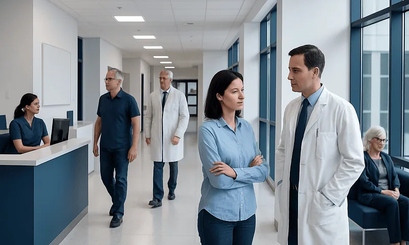 Medical professionals and patients in a modern hospital corridor.