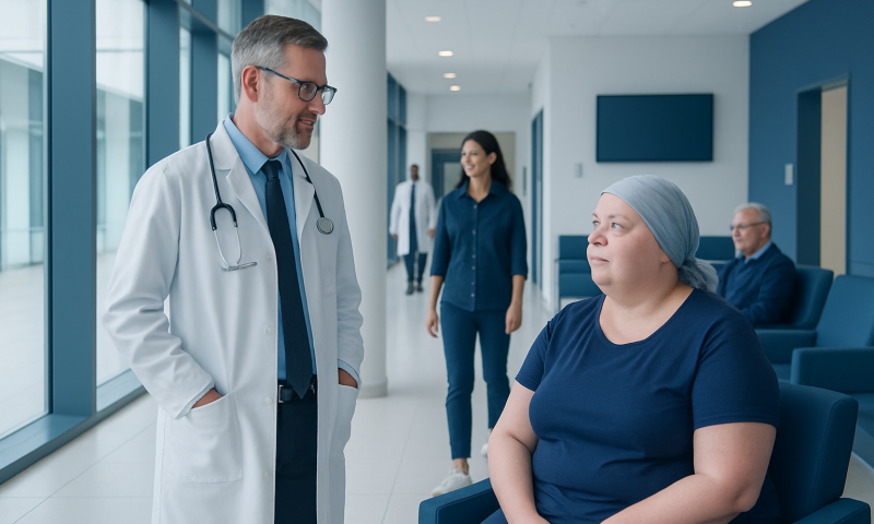 Weight Gain after Chemo Treatment: How It Works, Results and What to Expect 3 Doctor consulting a patient in a hospital corridor with other staff in background.