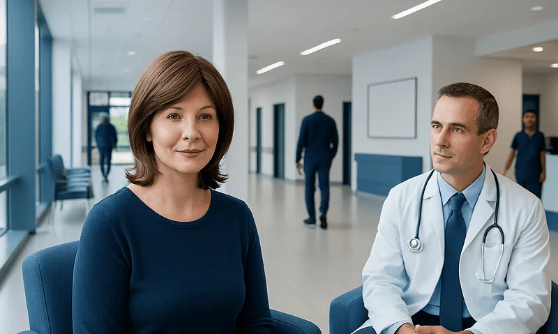 Patient consulting with doctor in hospital corridor.