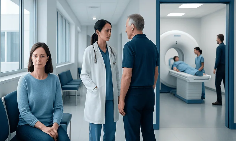 Medical consultation in hospital corridor with MRI scan room in background.