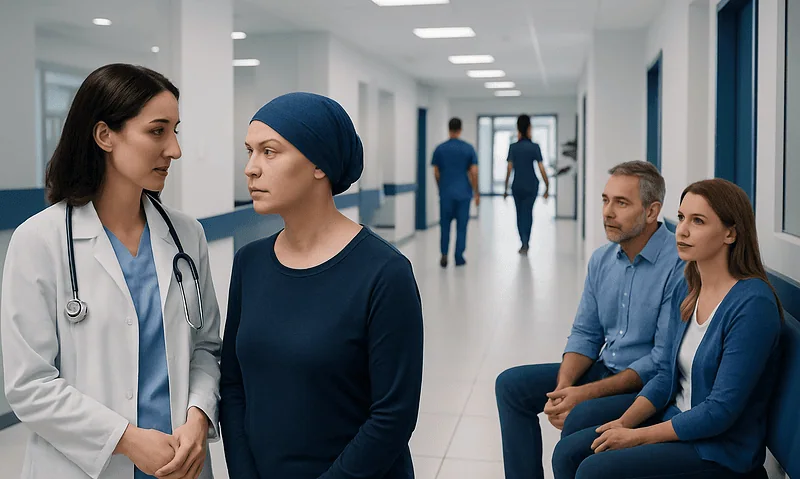 Doctor talking to patient in hospital corridor with visitors nearby.
