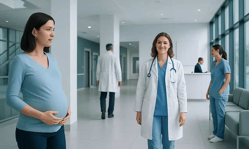 Pregnant woman at hospital with medical staff and doctor in background.