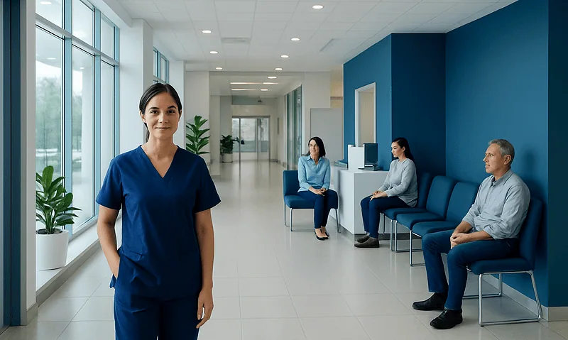 Modern hospital waiting area with healthcare professionals and patients.