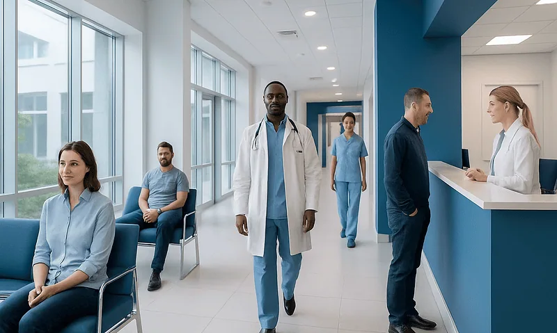 Diverse medical team in a modern hospital waiting area.