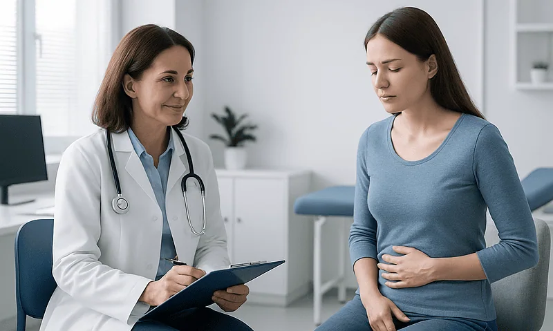 Doctor consulting with a woman patient about ovulation symptoms in a clinic.