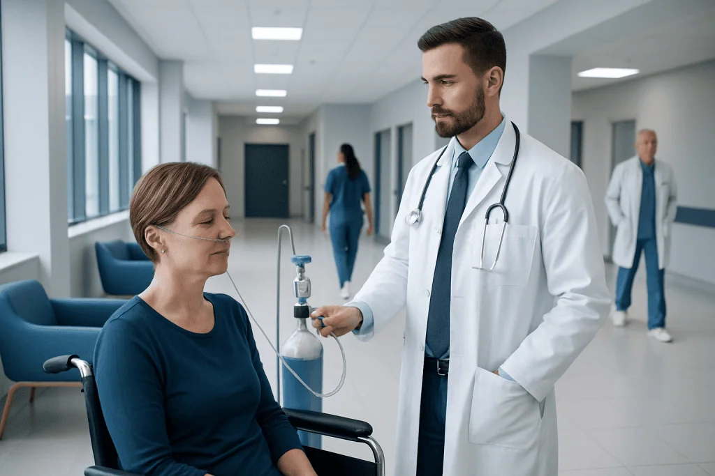 Oxygen Injection: How It Works, Results and What to Expect 1 Doctor administering oxygen therapy to a patient in hospital corridor.