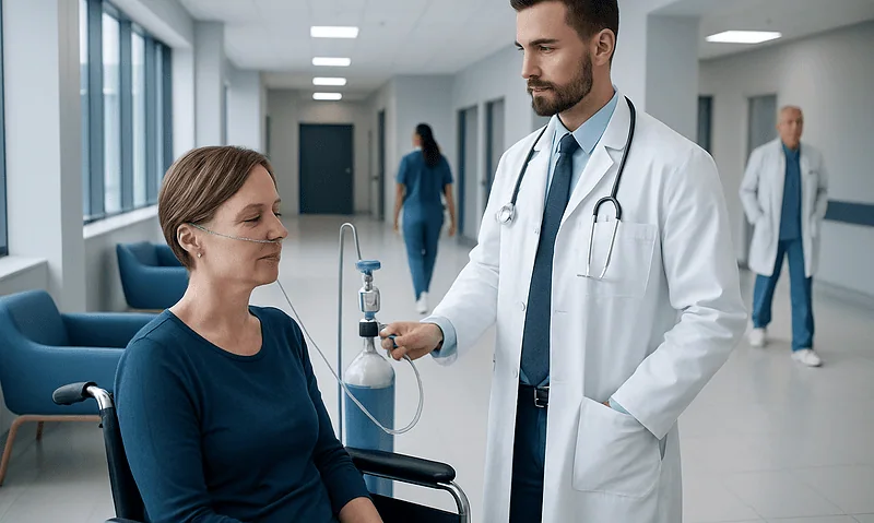 Doctor administering oxygen therapy to a patient in hospital corridor.