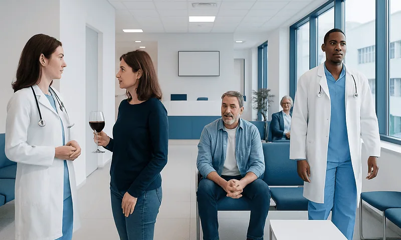 Medical consultation in a hospital corridor with doctors and patient.