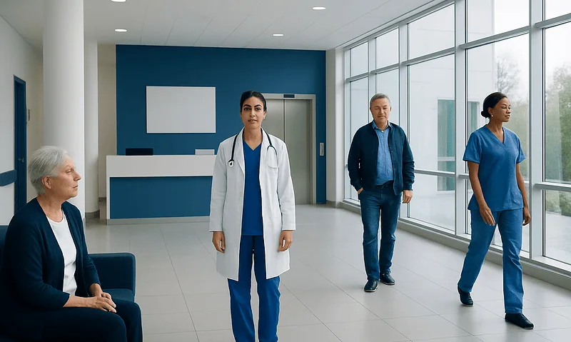 Medical staff and patient in a modern hospital corridor with large windows.