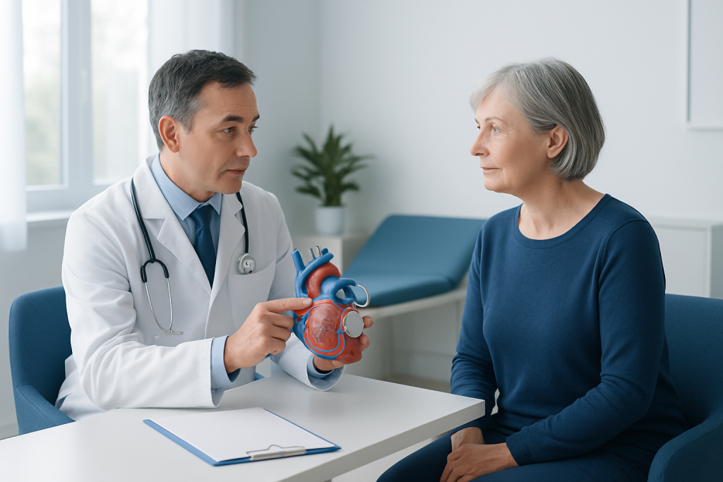 Cardiologist explaining heart health to an elderly woman in a clinic.