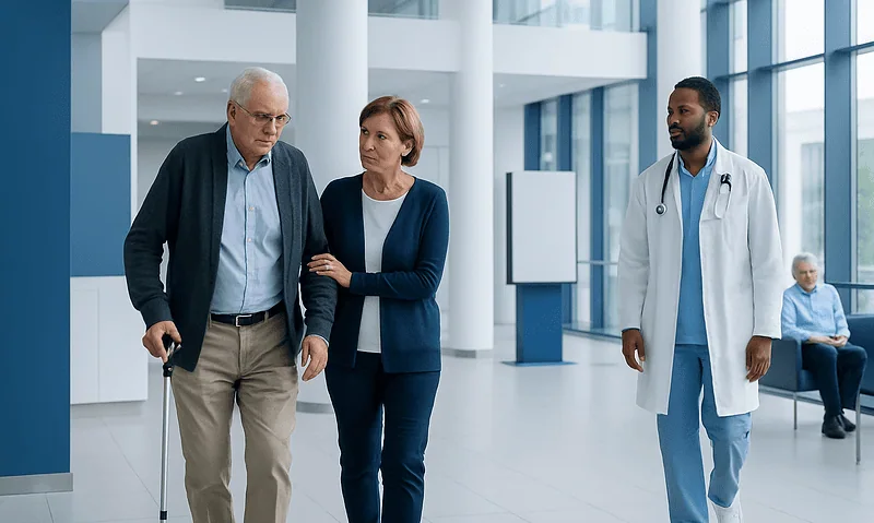 Hospital corridor with elderly patient, companion, and doctor in modern medical facility.