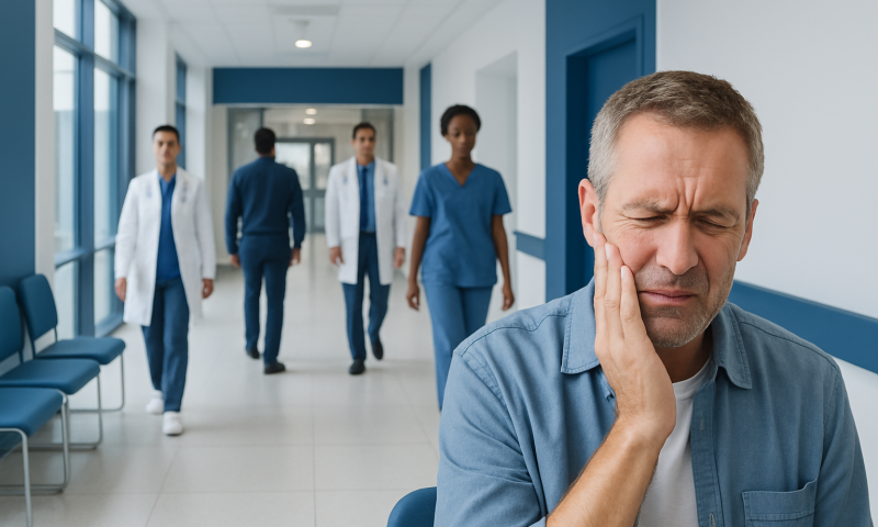 Patient experiencing dental pain in a hospital corridor with medical staff in the background.