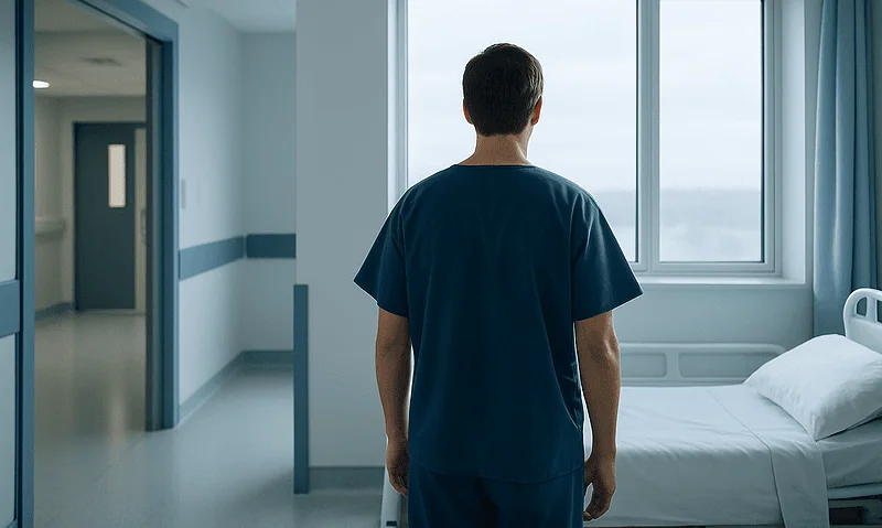 Male patient in hospital room looking out window with cloudy sky.